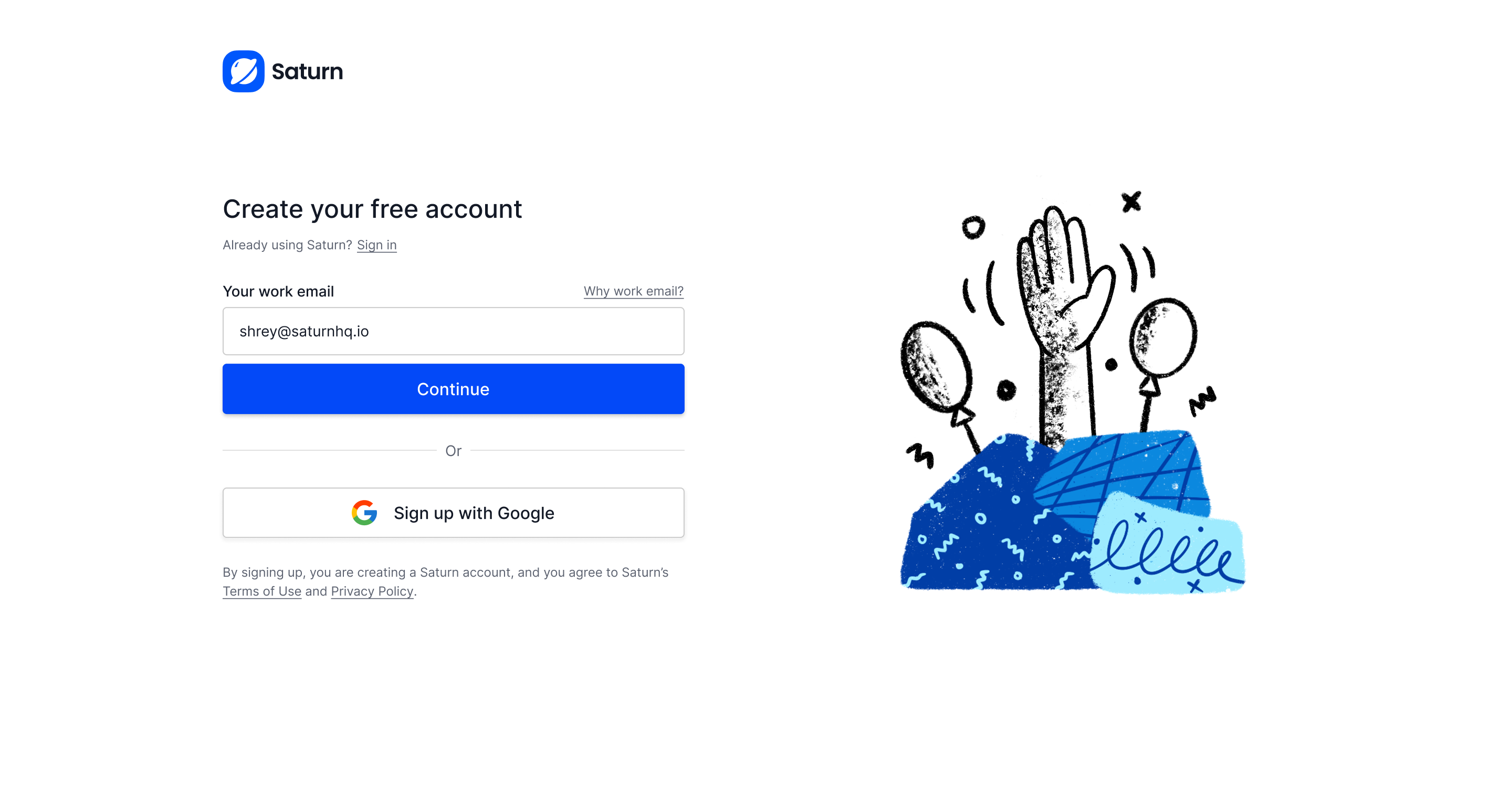 Saturn sign-up page with work email and Google options